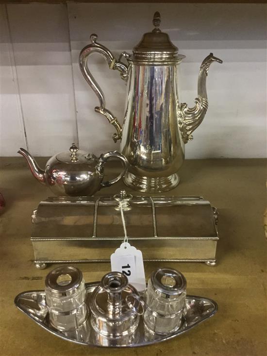 2 plated inkstands, small tea pot and jug